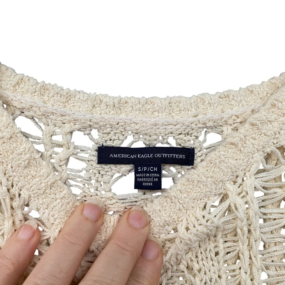 American Eagle Women Cream Open Knit Sleeveless Tank Top Boho Crochet Small - Picture 8 of 11